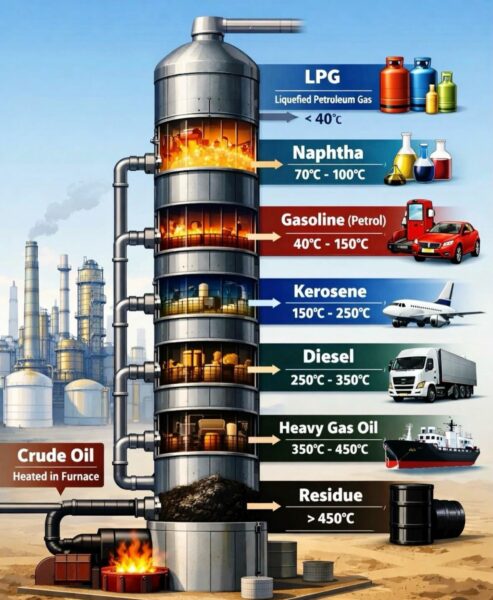 Oil refining process - From petroleum to naphtha